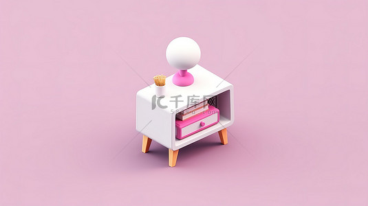 3D 图标集，包括白色和粉色家居用品，包括等距白色床头柜