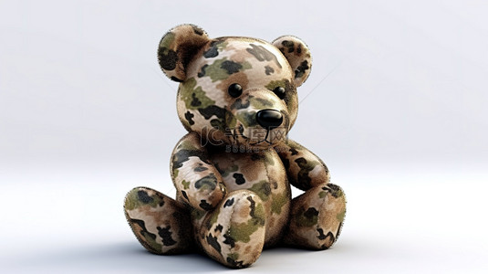 婴儿的背景图片_迷彩毛皮玩具熊在 3d 渲染插图白色背景