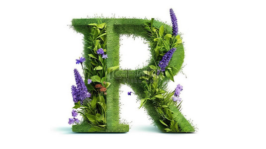 字母和植物背景图片_3d 白色背景中的花卉和绿化字母 r