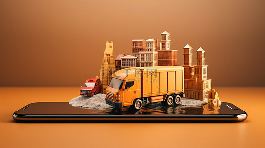 移动应用程序交付服务通过 3D 渲染中的卡车运输支持电子商务交易
