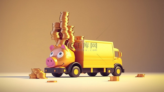 一只卡通手将一枚金币放入存钱罐中的插图，卡车上的一堆硬币代表金融概念和省钱的行为