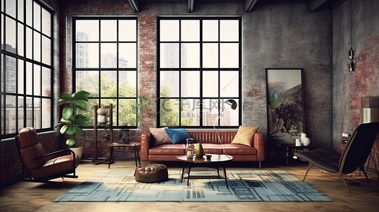 现代客厅设计，在时髦的阁楼 3D 渲染中配有真皮沙发