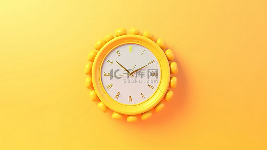 代表夏季主题的淡黄色背景上漂浮的时钟环的 3D 渲染