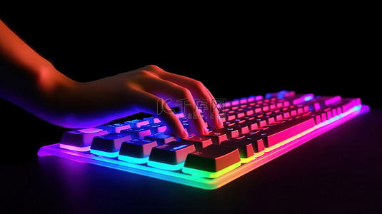 打字电脑背景图片_用充满活力的卡通手和 RGB 灯在霓虹灯键盘上打字