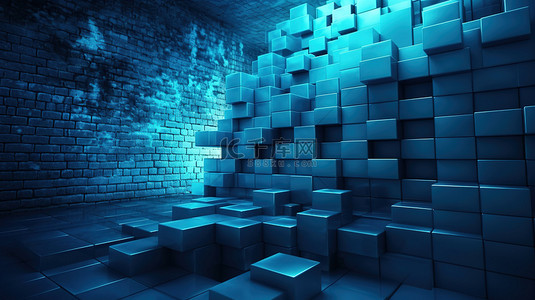 抽象背景纹理发光的蓝色砖墙和 3D 渲染中的挥舞块