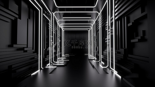 黑白运动线条背景图片_霓虹灯黑白抽象 3d 背景的插图
