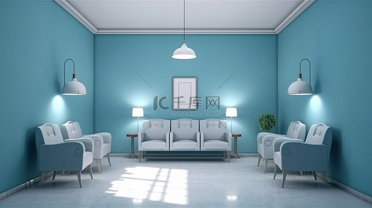 医院房间背景图片_候诊室内部概念的蓝色主题 3D 渲染