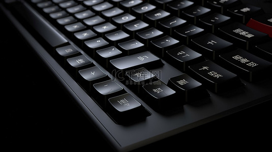 商业技术 3d 黑色键盘，翻译键以高清晰度呈现
