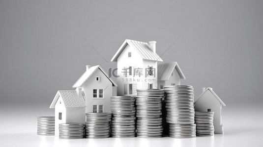 房地产投资可以轻松地堆放硬币，并在 3d 中显示白色背景的房子