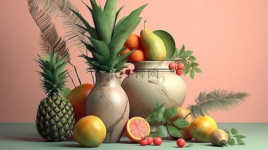 抽象水果背景图片_带有 3d 渲染的水果植物和叶子集合的插图罐