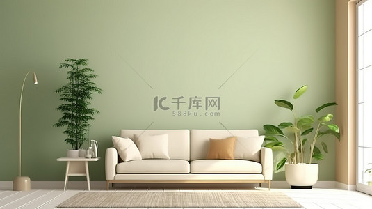 绿色暖色调背景图片_家庭样机客厅中带有绿色暖色调的舒适白色沙发的 3D 渲染