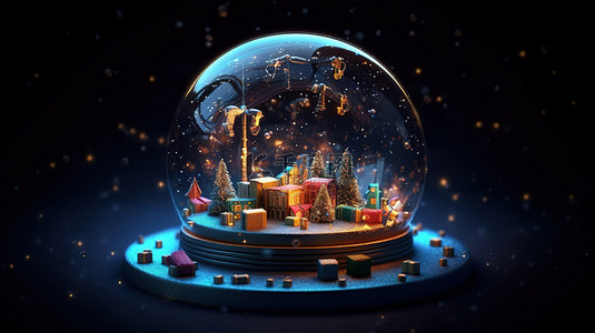 魔法盒卡通背景图片_3d 动画雪球的夜间场景，周围有礼盒