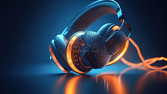 蓝色工具背景背景图片_蓝色隔离背景上的 3D 橙色耳机，带有白光耳机图标
