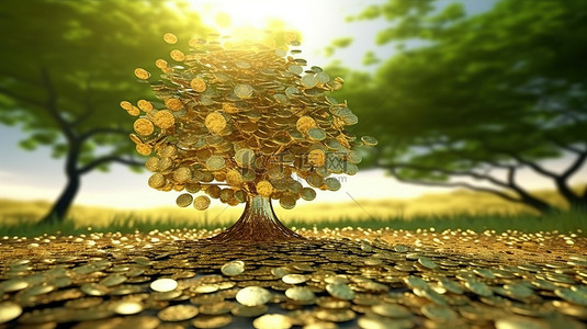 卡通生态背景图片_在 3D 渲染中描绘生态和商业概念的象征树和金币