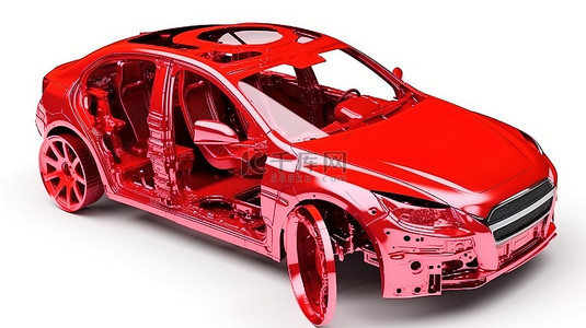 红色概念车的 3D 渲染，带有隔离白色背景上的底漆部件
