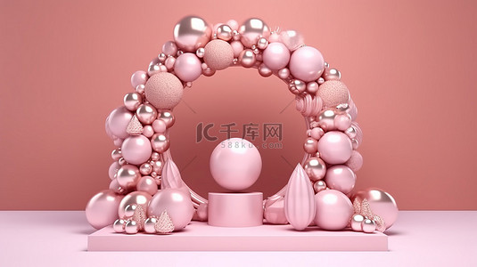 柔和的粉红色讲台装饰着珍珠和玫瑰金圣诞装饰品，配有 3D 雪花