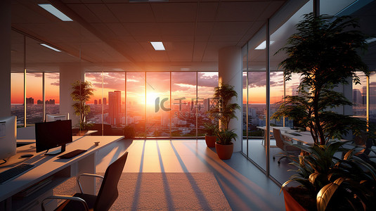美丽的夕阳天空中办公楼的 3D 渲染