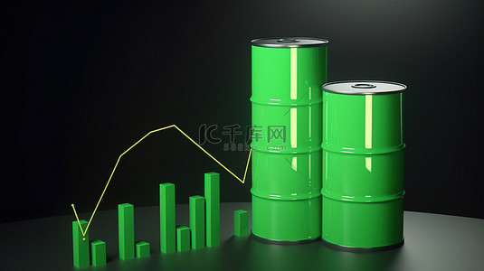 金融卡通图背景图片_卡通风格 3d 插图商品石油库存上升，由绿色图表和油箱指示