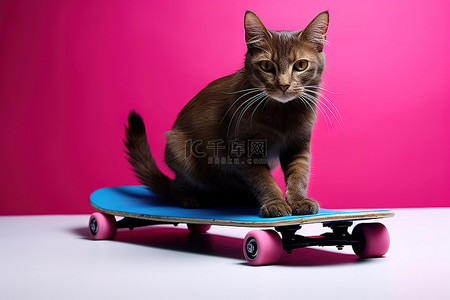 一只猫坐在粉红色的滑板上