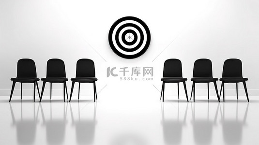 射箭武侠背景图片_中心飞镖的射箭目标的 3D 渲染，周围环绕着白色背景的黑色办公椅