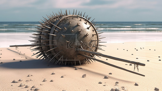 刺猬背景图片_3D 渲染铁丝网保护的黑色金属反坦克弹幕，与海洋沙滩背景类似刺猬防御系统