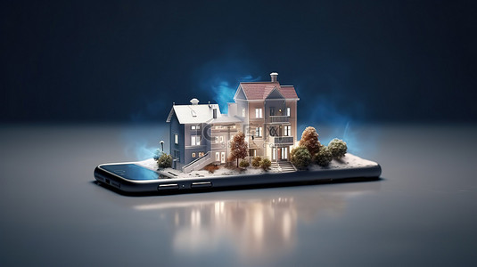 房地产科技背景背景图片_房地产横幅的 3D 插图，智能手机上有一座小房子