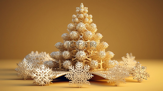 金色和白色的 3D 雪花装饰着圣诞树的新年贺卡