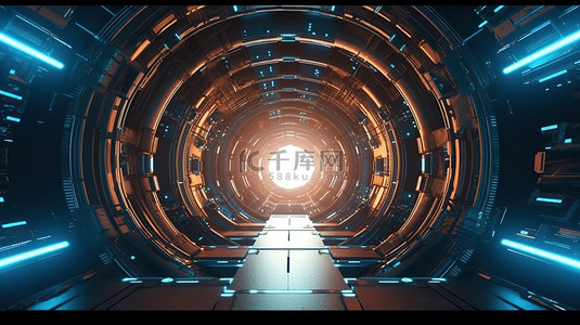 一艘未来派宇宙飞船穿过星光隧道的 3D 渲染