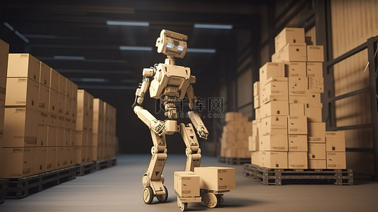 机器人协作 3D 渲染仓库机器人和携带纸板箱的自动化机器人工人