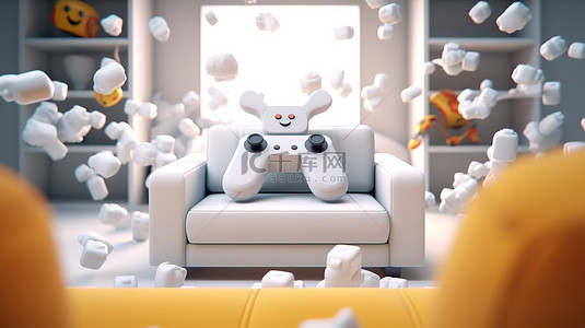 海报游戏人物背景图片_使用 VR 眼镜和操纵杆，3D 渲染的塑料人物在房间的沙发上翱翔