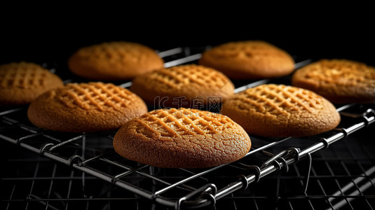 烤饼背景图片_黑色背景下金属烤架上姜饼的 3D 渲染