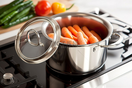 炉子上的不锈钢烹饪锅，里面有胡萝卜和西红柿