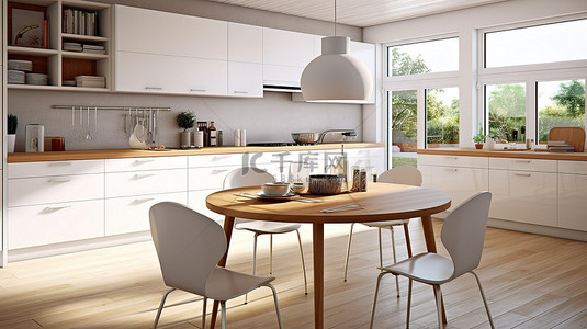 设计精美的厨房内部的桌子的 3D 渲染