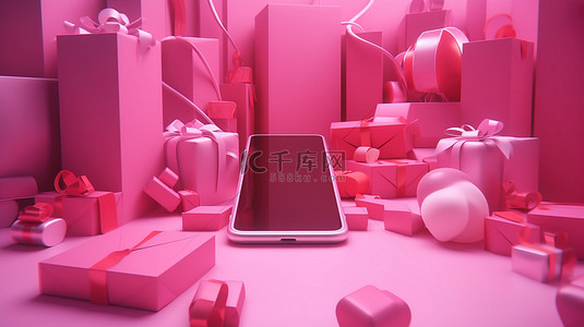 充满活力的 3D 电话和礼品盒背景与粉红色节日背景完美适合情人节或其他特殊场合高品质插图
