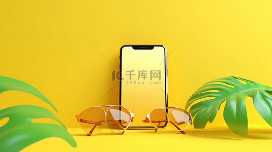 阳光明媚的黄色背景下具有夏季氛围的手机模型的 3D 渲染