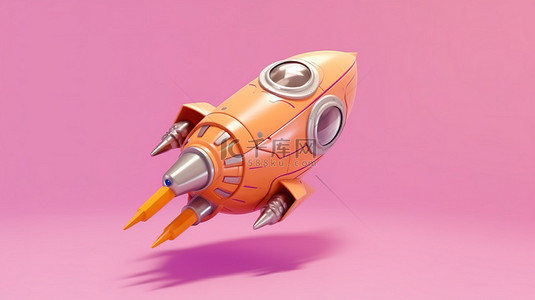 橙色卡通火箭宇宙飞船在粉红色背景上翱翔的 3D 插图，具有充足的复制空间
