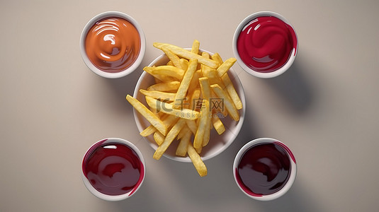 快餐餐 3d 渲染的自上而下视图，包括汉堡薯条饮料番茄酱和酱汁