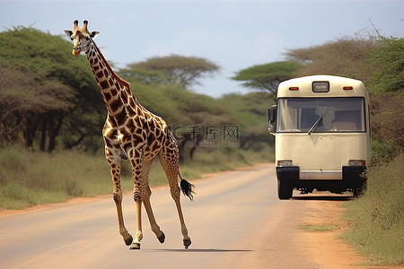 行走的路上背景图片_一只长颈鹿在露营者旁边的乡村道路上行走