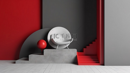 几何平台上的红色扶手椅简约灰色抽象工作室时尚潮流