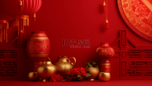 红色灯笼金色罐子中国风格节日广告背景