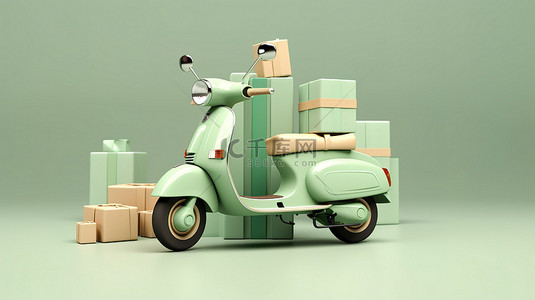 以柔和的绿色摩托车和手机为特色的在线送货服务的 3D 插图