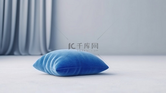 枕头上背景图片_白色地毯背景上的毛绒蓝色枕头的 3D 渲染，用于产品展示