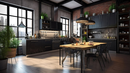 黑色房间背景图片_令人惊叹的现代阁楼厨房，配有时尚的深色家具设计 3D 渲染