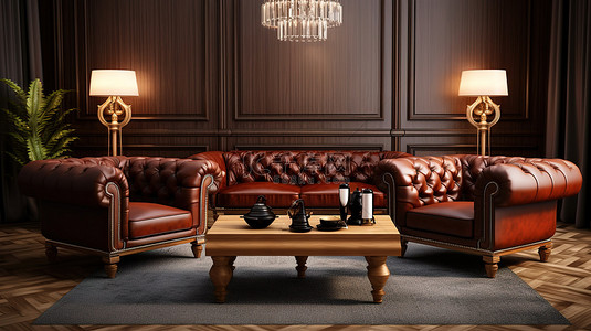 桃花心木桌子和棕色皮革沙发为优雅的客厅 3D 渲染奠定了基调