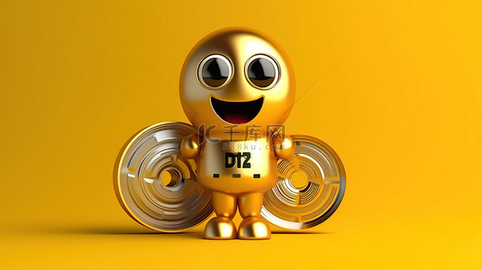 3D 渲染的吉祥物角色，带有金色忠诚计划奖金硬币电影卷轴和黄色背景的电影磁带