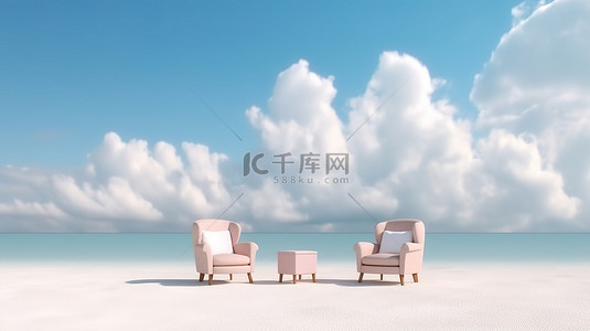 热带装饰背景图片_3D 渲染的不同尺寸的户外椅子装饰着海滩，上面有云彩，非常适合夏季度假