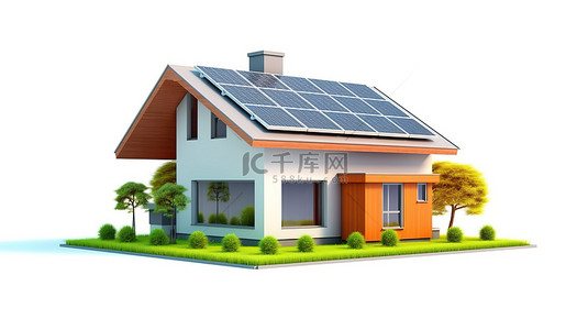 房屋插画背景图片_草地平台上带有太阳能电池板的住宅楼的 3D 渲染
