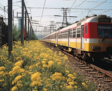 火车轨道上的一列火车，上面有黄色的花朵和电线
