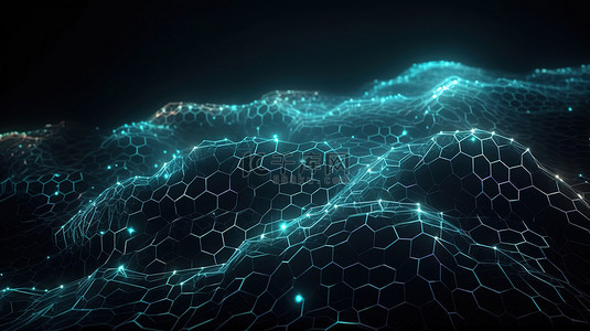 蓝色点线科技背景图片_网络技术插图的 3D 渲染在带有移动点的抽象六边形波中流动粒子和线条
