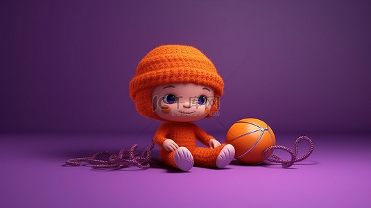 为孩子们在紫色游乐场背景上渲染橙色布娃娃玩具的 3D 图像